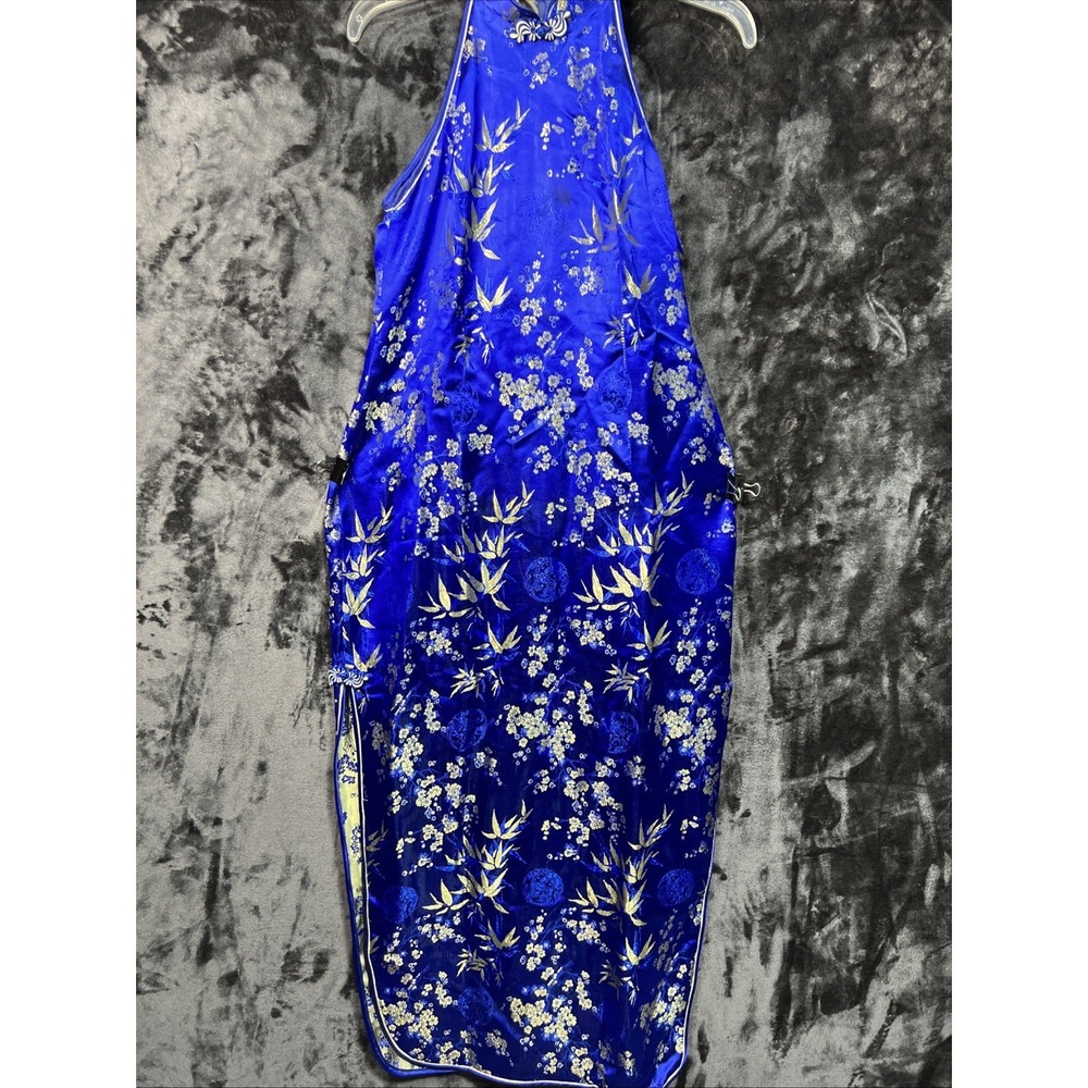 Chinese Qipao‎ Style XXXL Dress Blue Gold Brocade Asian Festival Dress Cosplay
